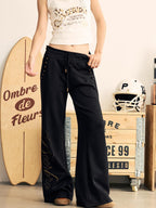 BeerBro Rhinestone Print Low Rise Straight Leg Women's Polyester Chinos