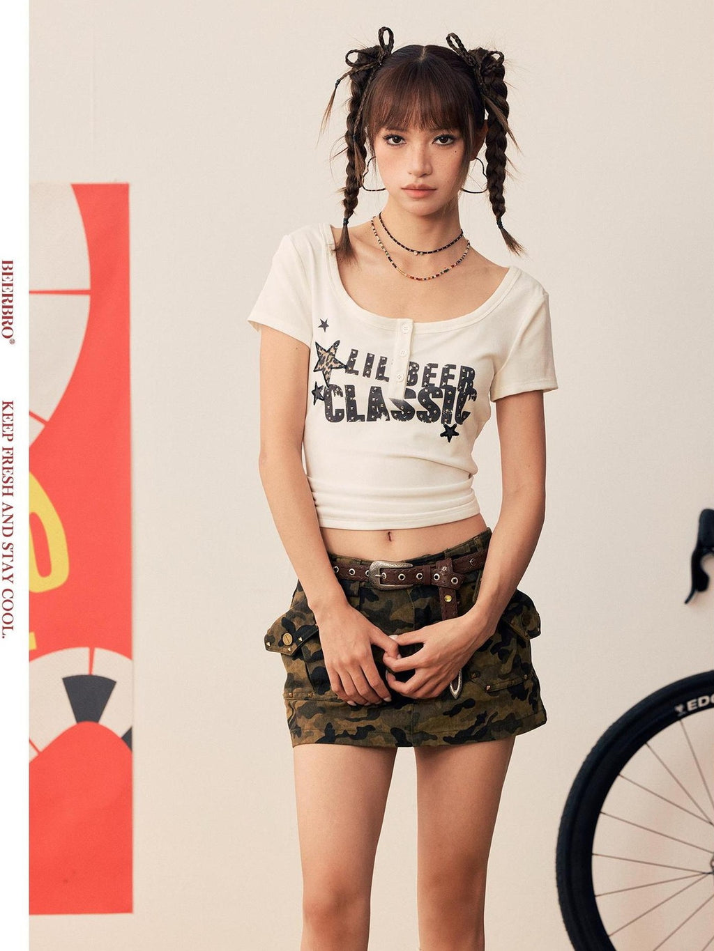 BeerBro Sequined Letter Embroidered Print Slim Fit Short Sleeve Women's Lyocell Crop Tops