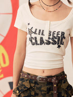BeerBro Sequined Letter Embroidered Print Slim Fit Short Sleeve Women's Lyocell Crop Tops
