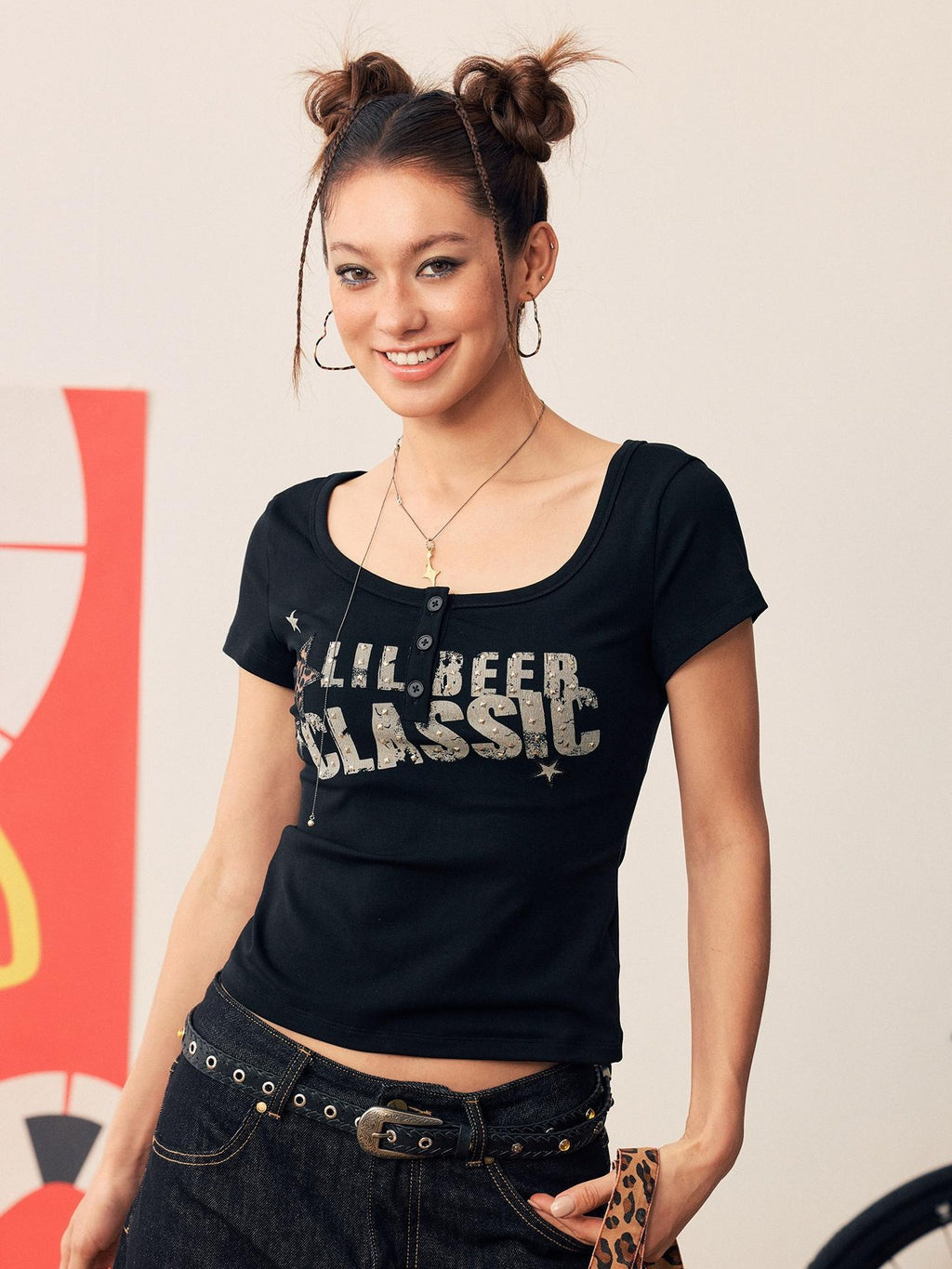 BeerBro Sequined Letter Embroidered Print Slim Fit Short Sleeve Women's Lyocell Crop Tops