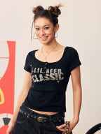 BeerBro Sequined Letter Embroidered Print Slim Fit Short Sleeve Women's Lyocell Crop Tops