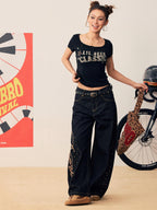 BeerBro Sequined Letter Embroidered Print Slim Fit Short Sleeve Women's Lyocell Crop Tops