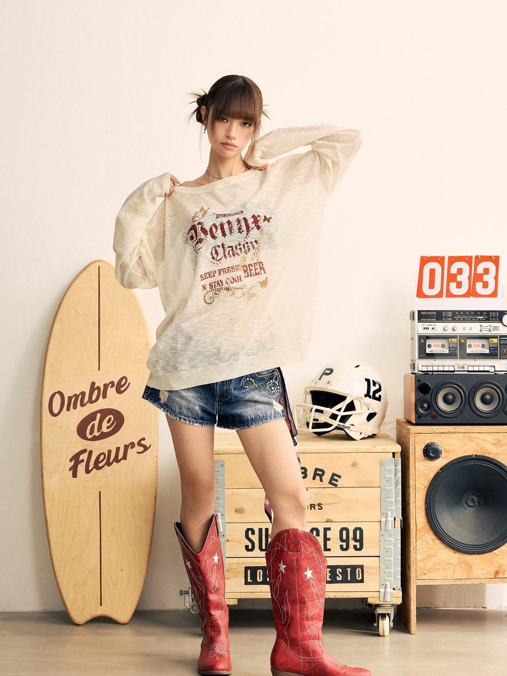BeerBro Sheer One Shoulder Rhinestone Print Loose Women's Long Sleeve T-shirts