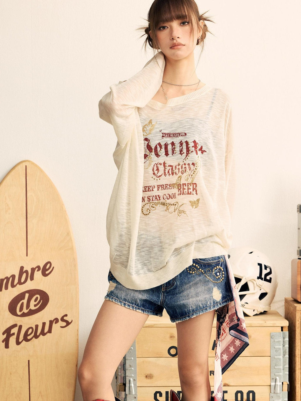 BeerBro Sheer One Shoulder Rhinestone Print Loose Women's Long Sleeve T-shirts