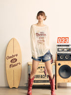 BeerBro Sheer One Shoulder Rhinestone Print Loose Women's Long Sleeve T-shirts