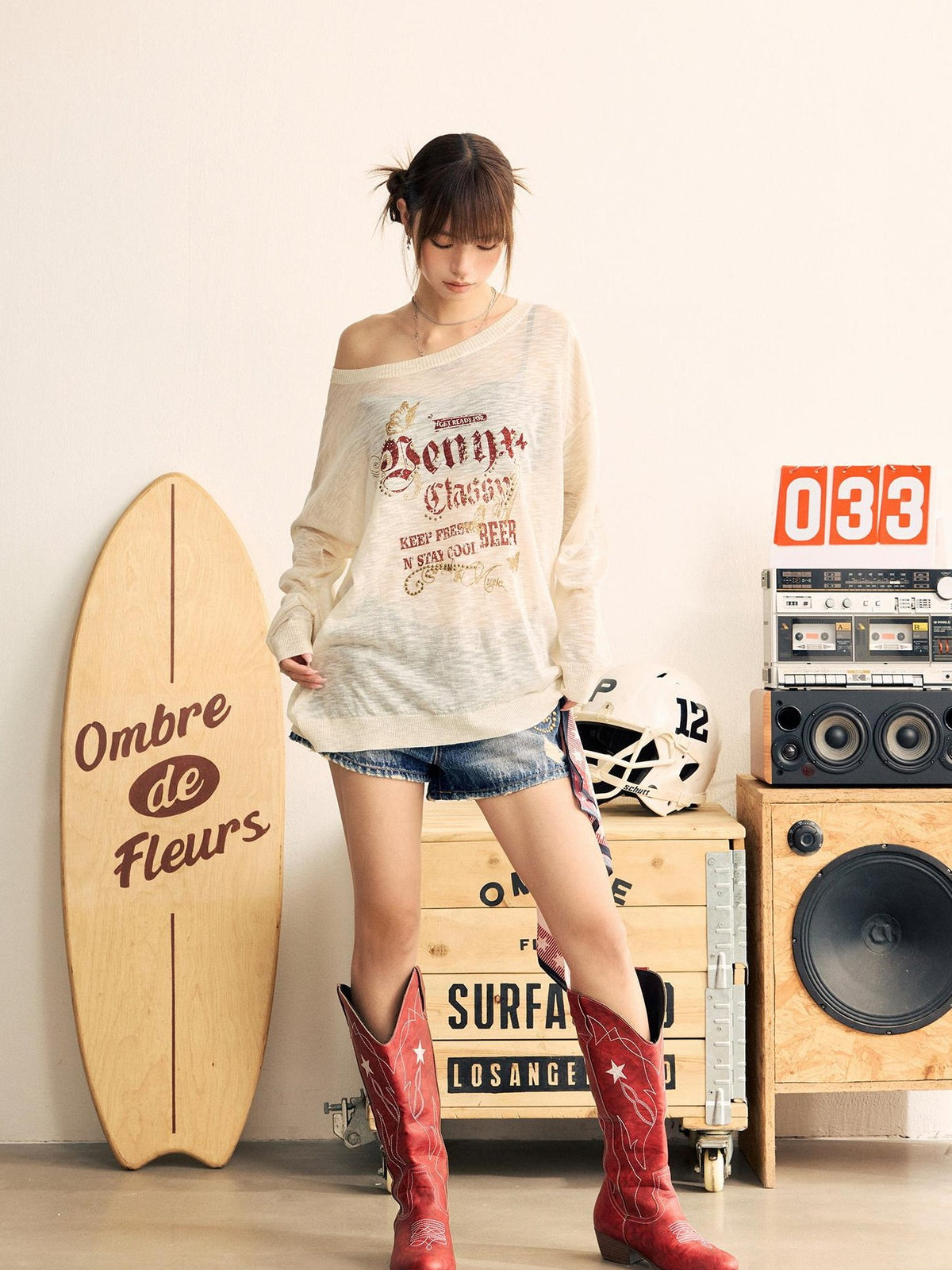 BeerBro Sheer One Shoulder Rhinestone Print Loose Women's Long Sleeve T-shirts