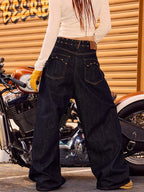 BeerBro Side Seam Copper Stud Low Rise Cotton Women's Wide-leg Jeans