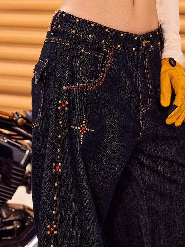 BeerBro Side Seam Copper Stud Low Rise Cotton Women's Wide-leg Jeans