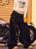 BeerBro Side Seam Copper Stud Low Rise Cotton Women's Wide-leg Jeans