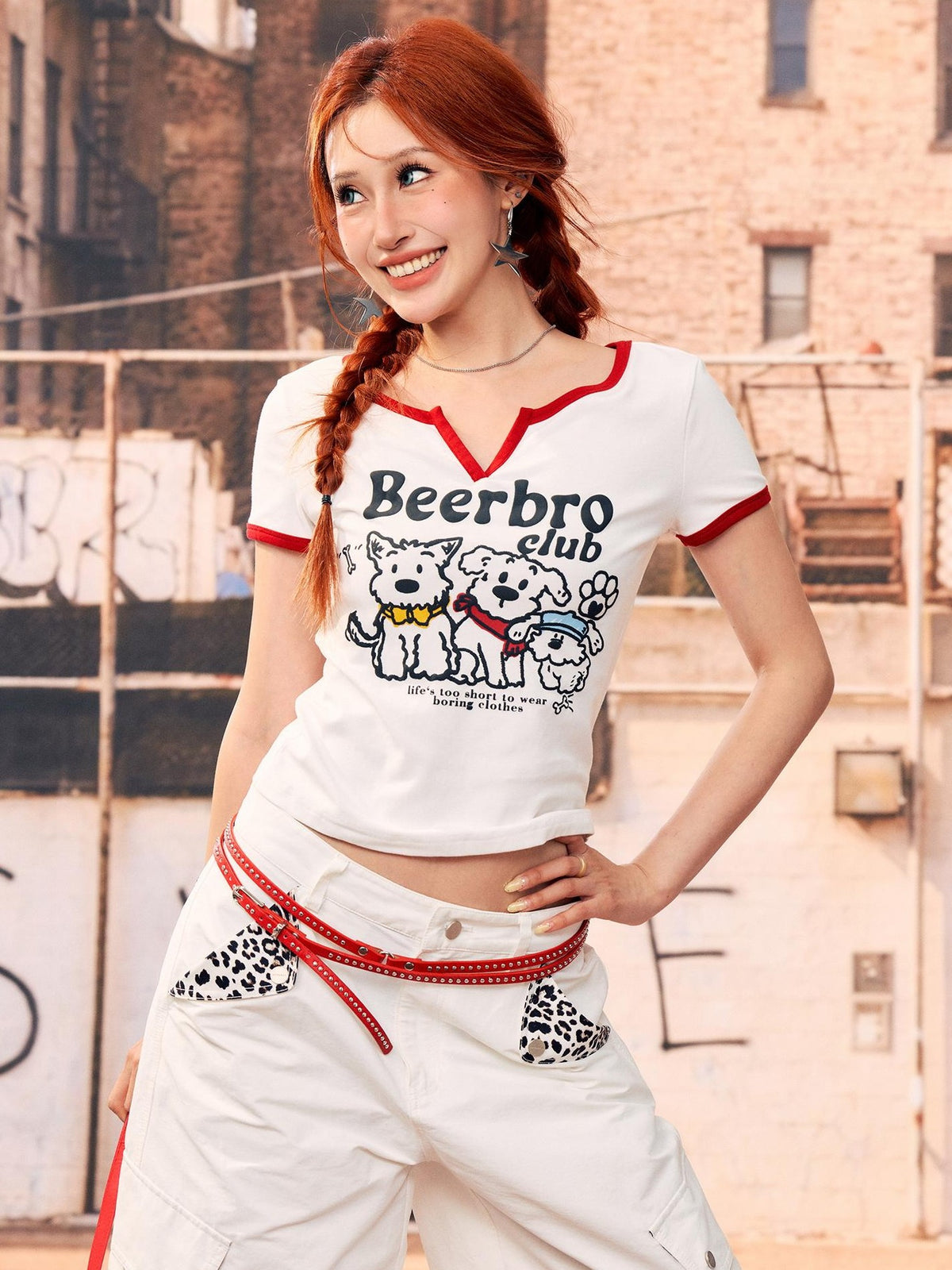 BeerBro Slim Fit Contrast Trim V-neck Dog Puff Print Cotton Women's Short Sleeve T-shirts