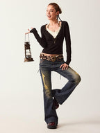 BeerBro Slim Fit Print Halter V-neck Women's Lyocell Wool Long Sleeve T-shirts