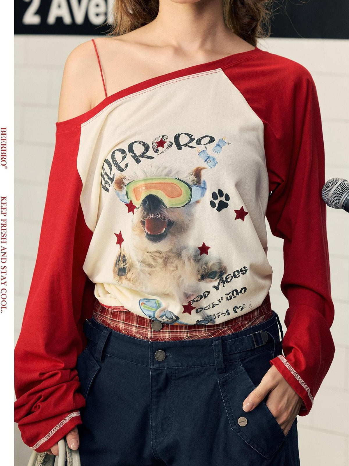 BeerBro Snowflake Texture Off Shoulder Insert Sleeve Graphic Women's Cotton Long Sleeve T-shirts