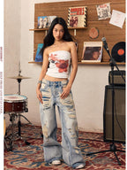 BeerBro Streetwear Floral Rhinestone Padded Slim Fit Cotton Women's Tube Tops