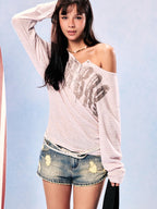 BeerBro Striped Off Shoulder Print Loose Fit Lyocell Women's Long Sleeve T-shirts