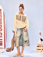 BeerBro Striped Off Shoulder Print Loose Fit Lyocell Women's Long Sleeve T-shirts
