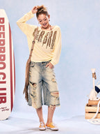 BeerBro Striped Off Shoulder Print Loose Fit Lyocell Women's Long Sleeve T-shirts