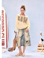 BeerBro Striped Off Shoulder Print Loose Fit Lyocell Women's Long Sleeve T-shirts