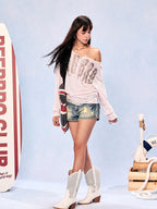 BeerBro Striped Off Shoulder Print Loose Fit Lyocell Women's Long Sleeve T-shirts