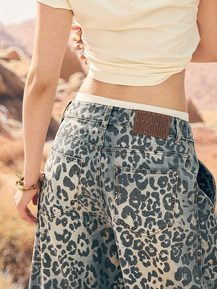 BeerBro Vintage Wash Leopard Embroidered Low Rise Women's Cotton Wide-leg Jeans