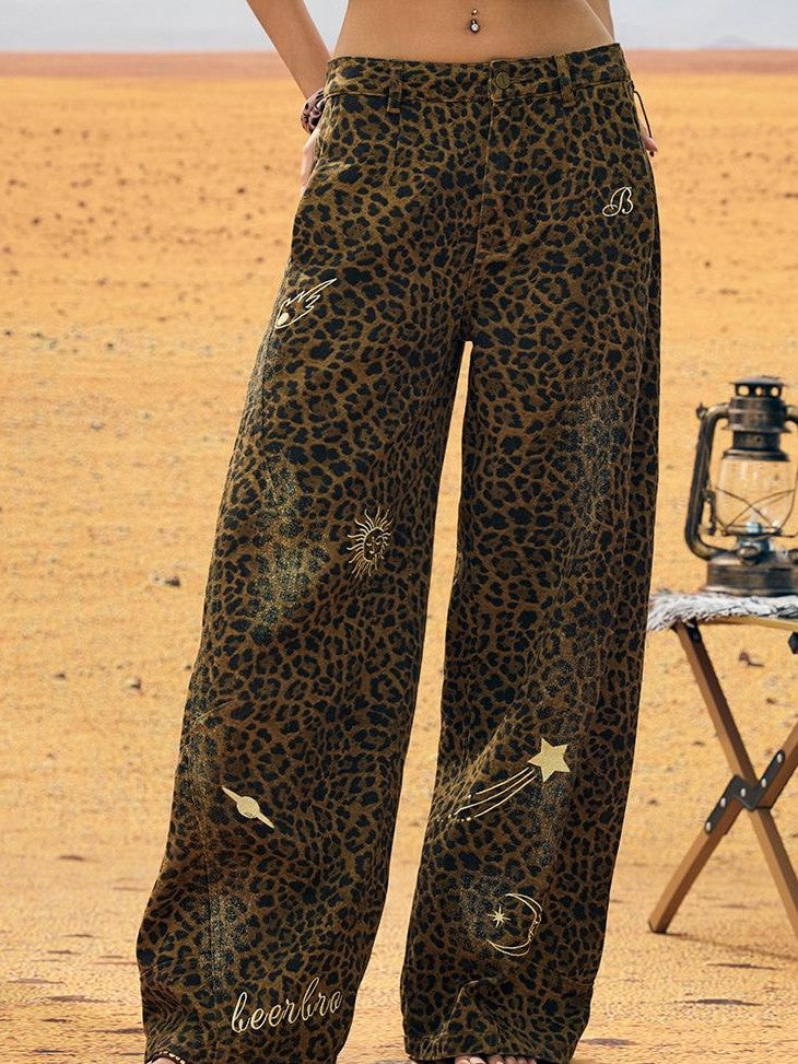 BeerBro Vintage Wash Leopard Embroidered Low Rise Women's Cotton Wide-leg Jeans