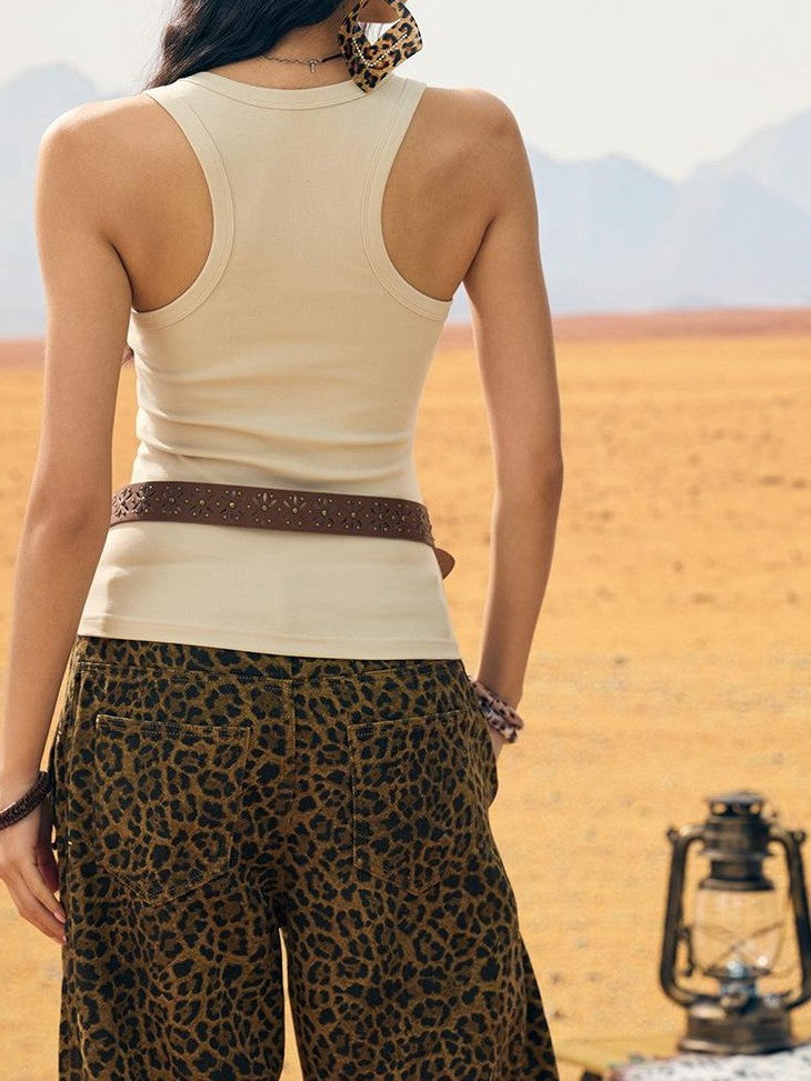BeerBro Vintage Wash Leopard Embroidered Low Rise Women's Cotton Wide-leg Jeans