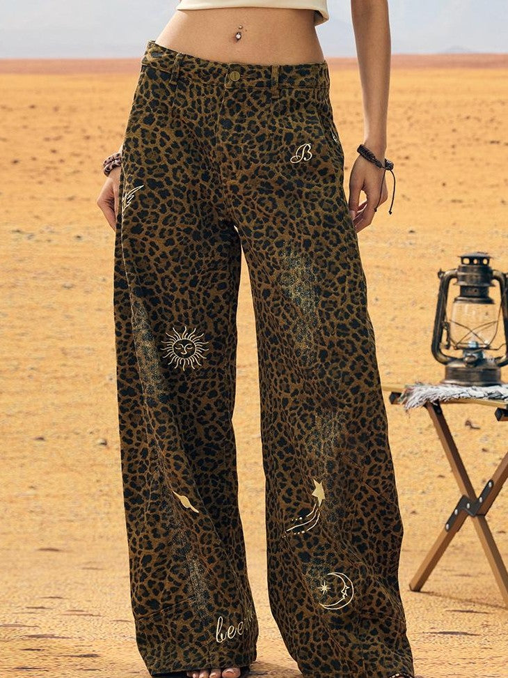 BeerBro Vintage Wash Leopard Embroidered Low Rise Women's Cotton Wide-leg Jeans