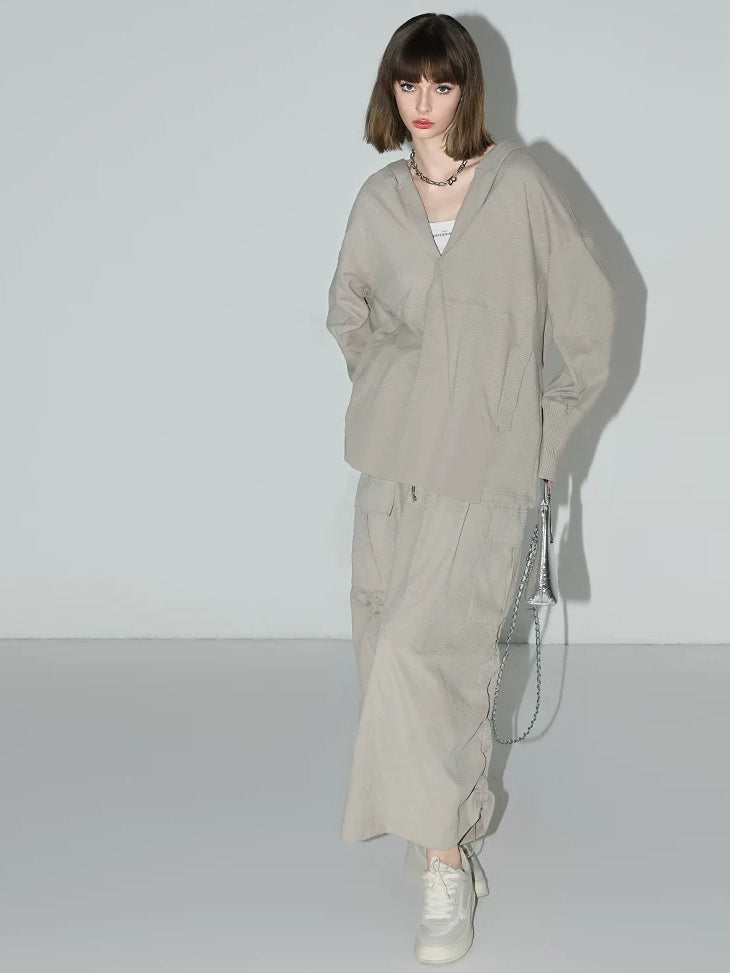 COCOBELLA 100 Percent Cotton Loose Patchwork Ribbed Pocket Street Pullover Hoodies