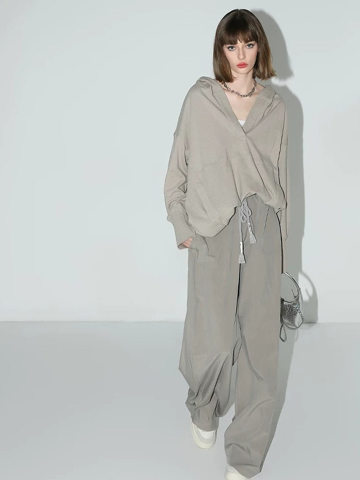 COCOBELLA 100 Percent Cotton Loose Patchwork Ribbed Pocket Street Pullover Hoodies