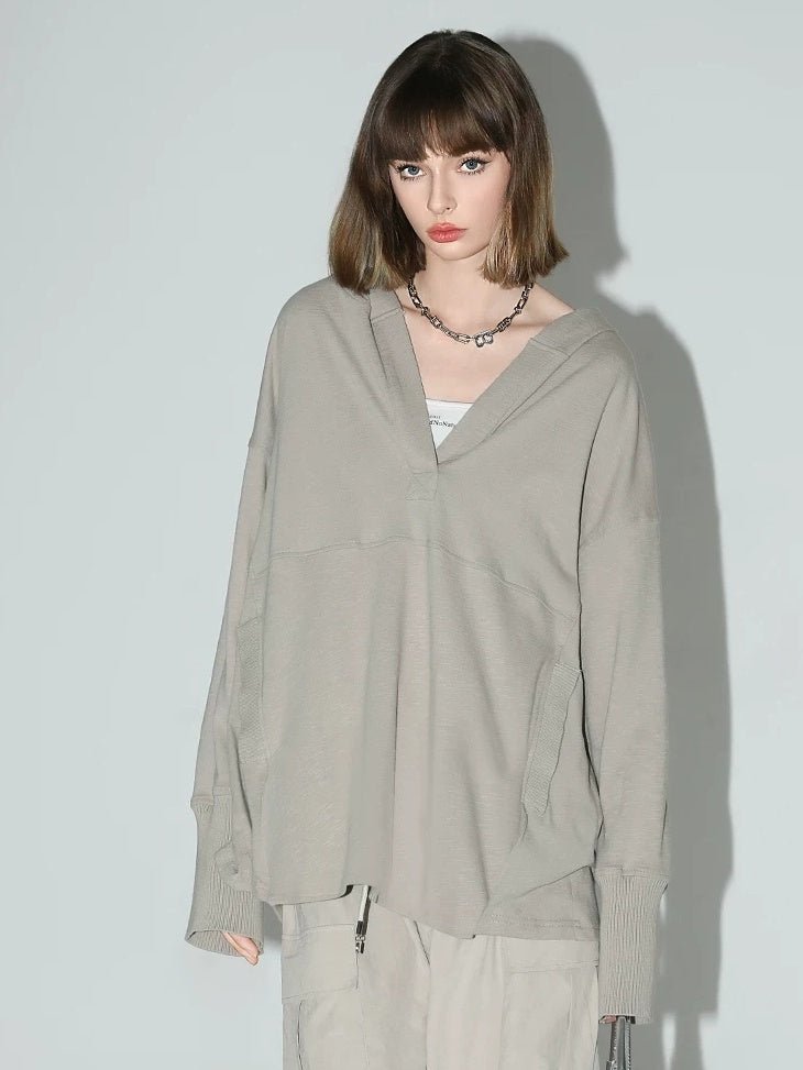 COCOBELLA 100 Percent Cotton Loose Patchwork Ribbed Pocket Street Pullover Hoodies