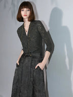 COCOBELLA 3D Applique Lace Hollow French Slim Fit V Neck Long Sleeve T-Shirts