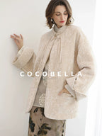COCOBELLA 3D Embroidered Sequin Midlength Loose Office Almond White Padded Jackets