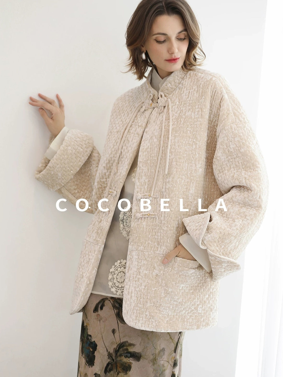 COCOBELLA 3D Embroidered Sequin Midlength Loose Office Almond White Padded Jackets