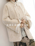 COCOBELLA 3D Embroidered Sequin Midlength Loose Office Almond White Padded Jackets