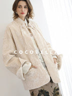 COCOBELLA 3D Embroidered Sequin Midlength Loose Office Almond White Padded Jackets
