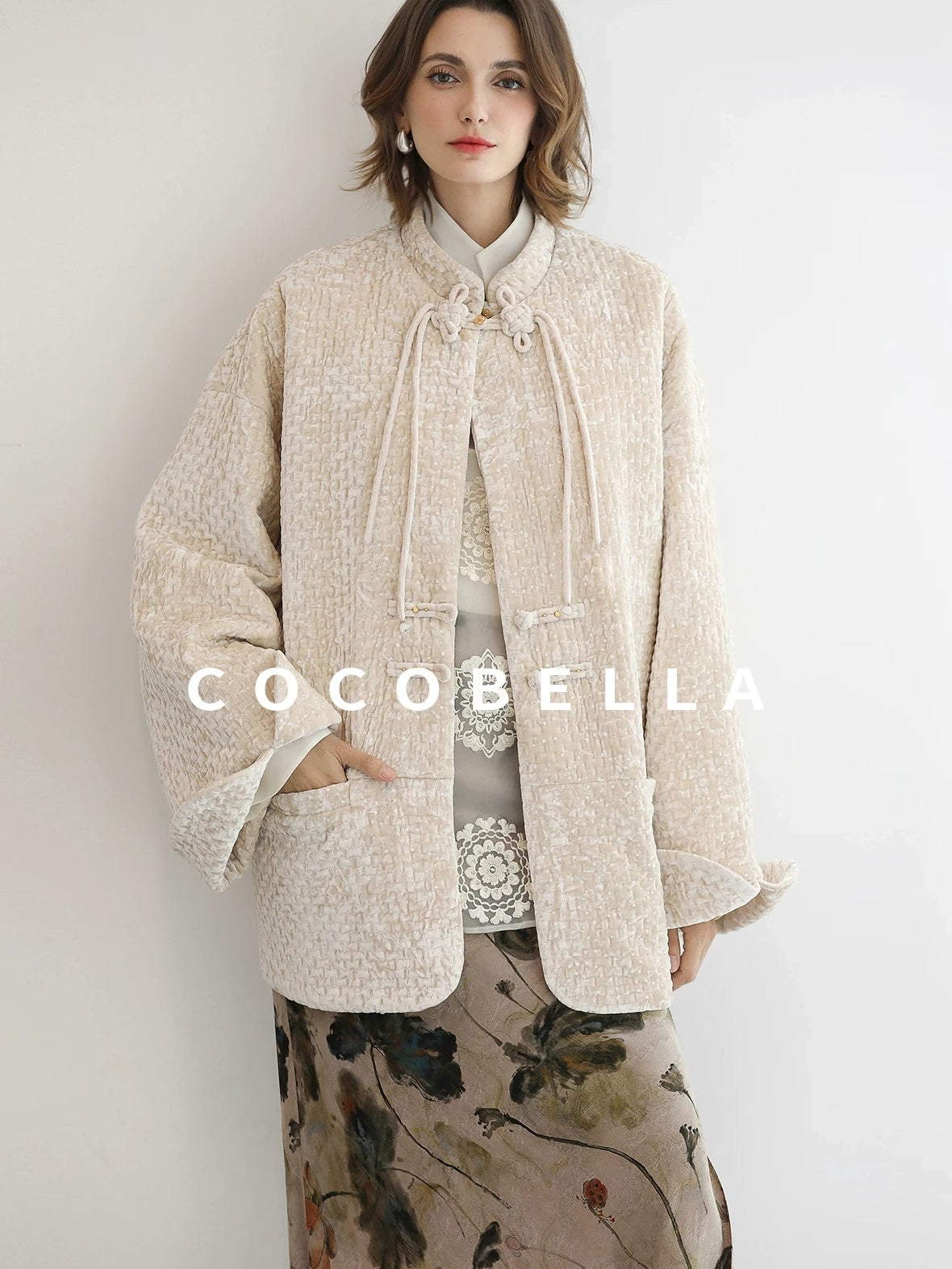 COCOBELLA 3D Embroidered Sequin Midlength Loose Office Almond White Padded Jackets