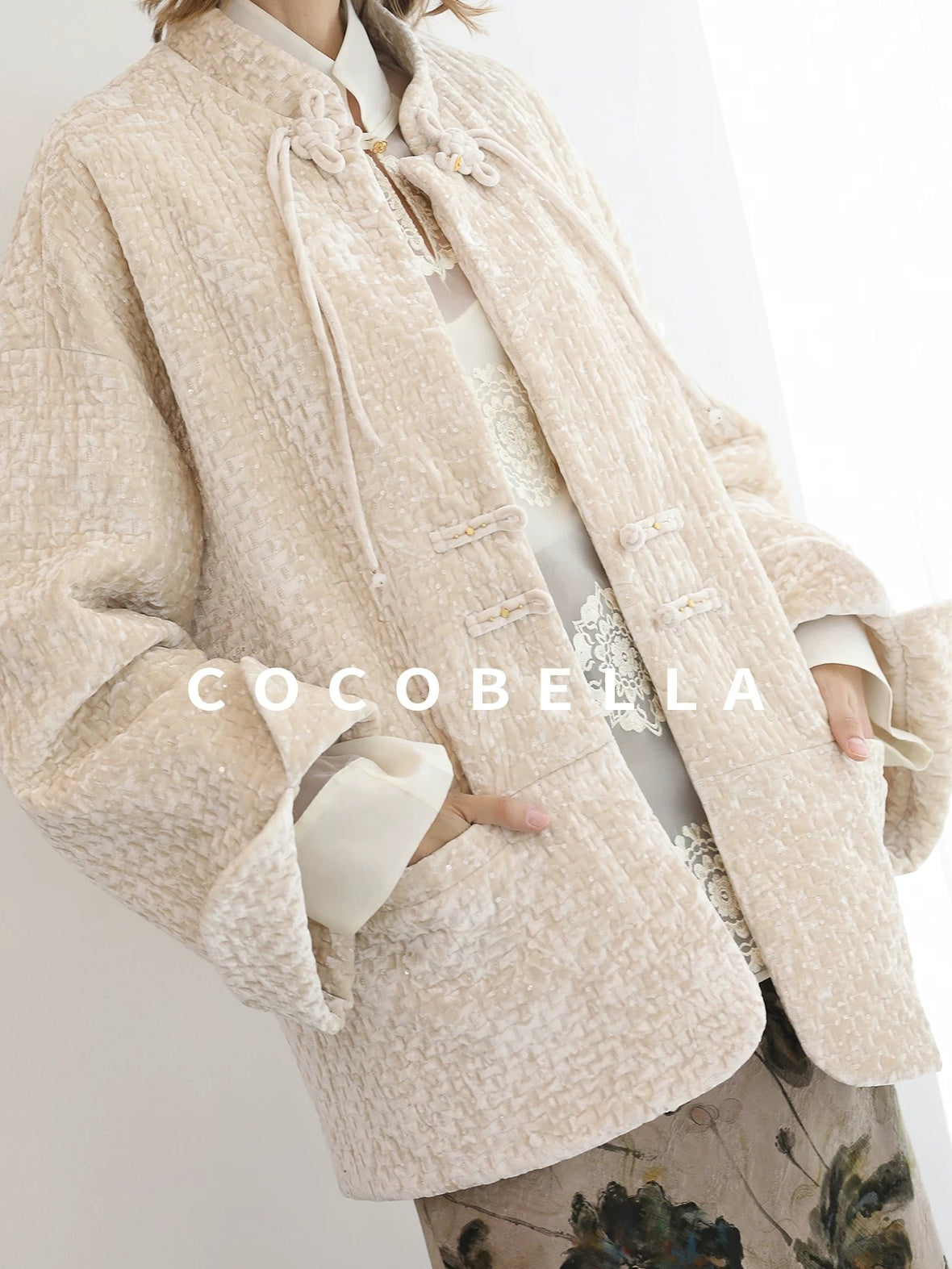 COCOBELLA 3D Embroidered Sequin Midlength Loose Office Almond White Padded Jackets