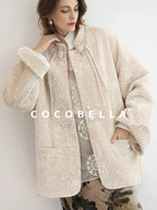 COCOBELLA 3D Embroidered Sequin Midlength Loose Office Almond White Padded Jackets