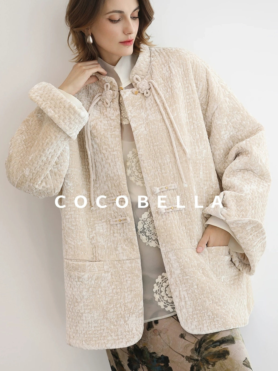 COCOBELLA 3D Embroidered Sequin Midlength Loose Office Almond White Padded Jackets