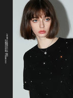 COCOBELLA 3D Rhinestone Casual Straight Fit Short Sleeve Cotton Starry Black T-Shirts