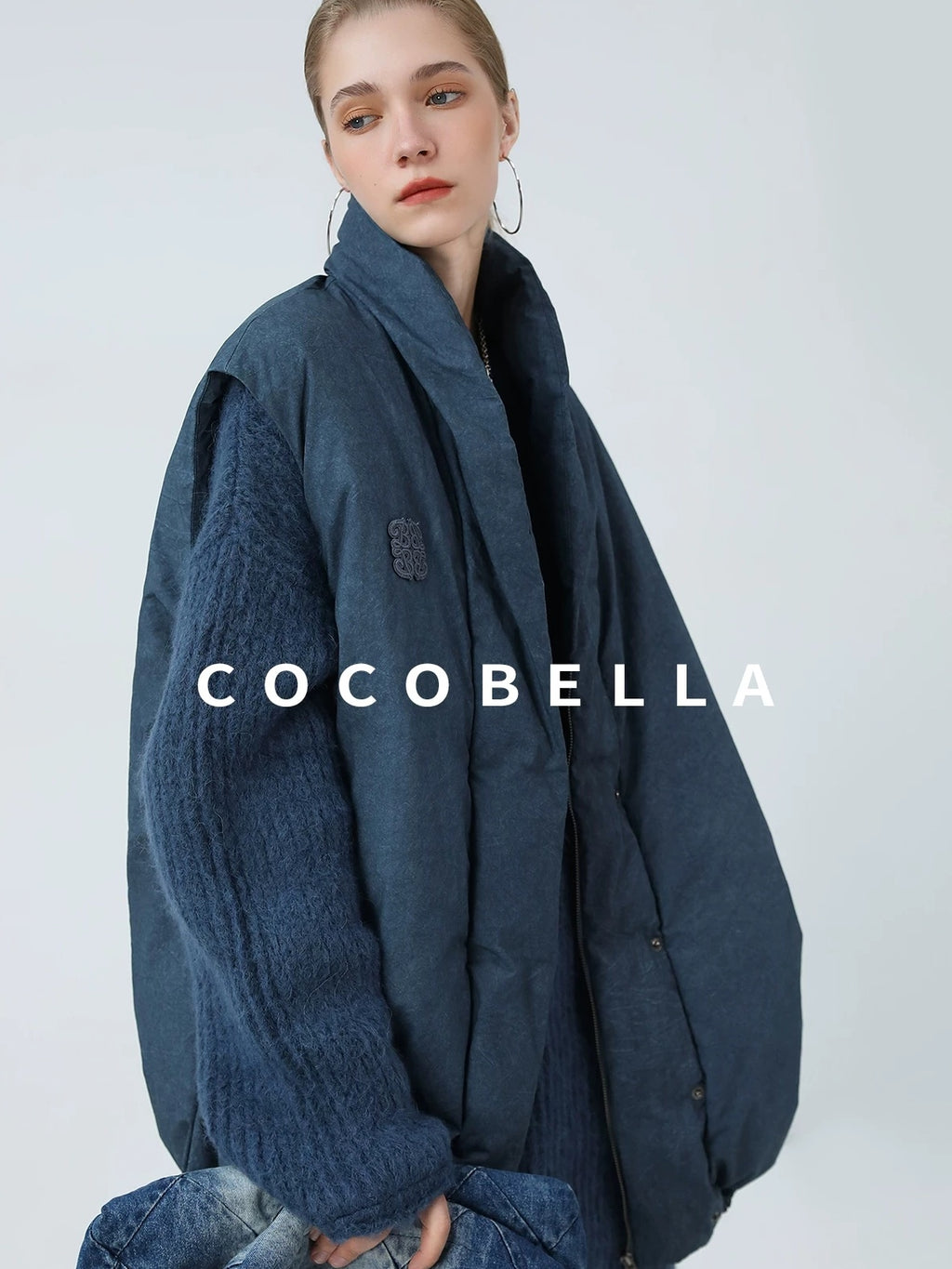 COCOBELLA 90 Percent White Duck Down Oversized Commuter Cotton Gathered Vintage Blue Vest