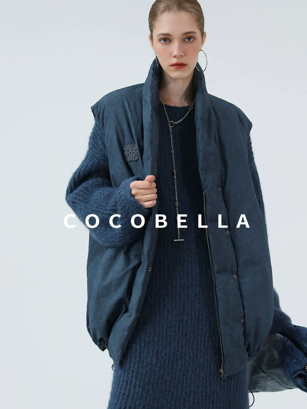 COCOBELLA 90 Percent White Duck Down Oversized Commuter Cotton Gathered Vintage Blue Vest