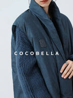 COCOBELLA 90 Percent White Duck Down Oversized Commuter Cotton Gathered Vintage Blue Vest