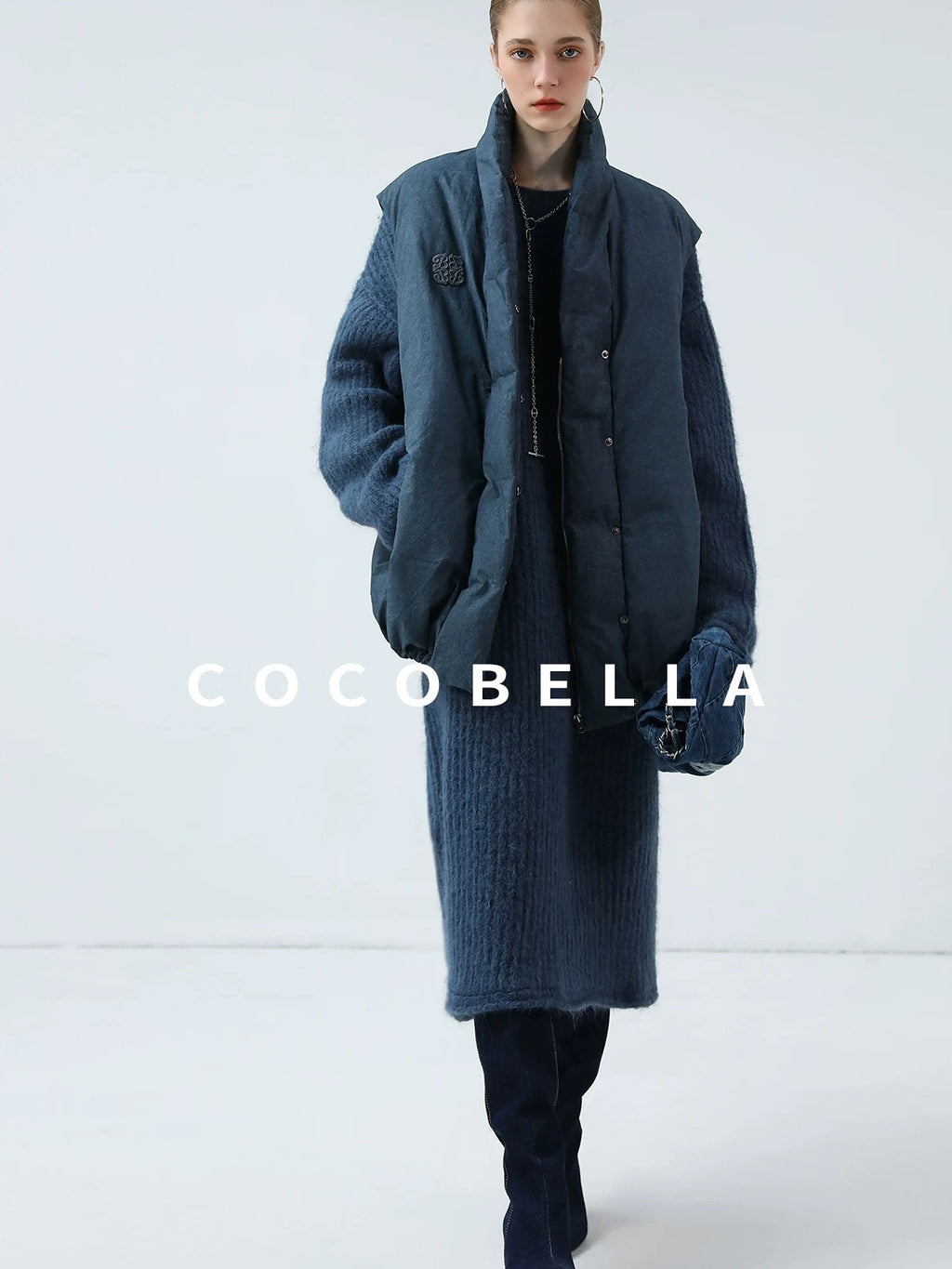 COCOBELLA 90 Percent White Duck Down Oversized Commuter Cotton Gathered Vintage Blue Vest