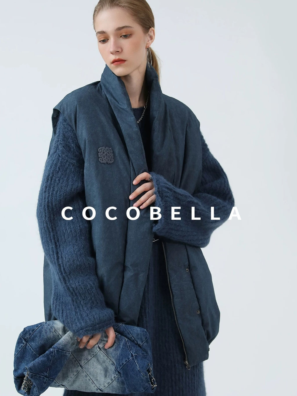 COCOBELLA 90 Percent White Duck Down Oversized Commuter Cotton Gathered Vintage Blue Vest