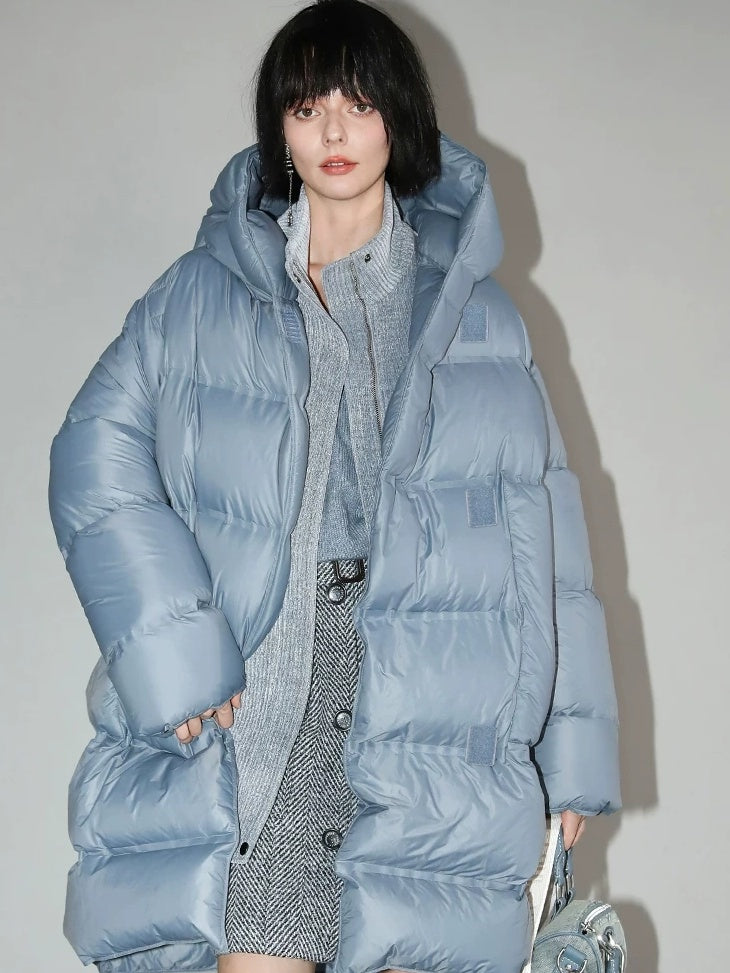 COCOBELLA 90% White Duck Down Hooded Loose Minimalist Commuter Mid Length Down Jackets