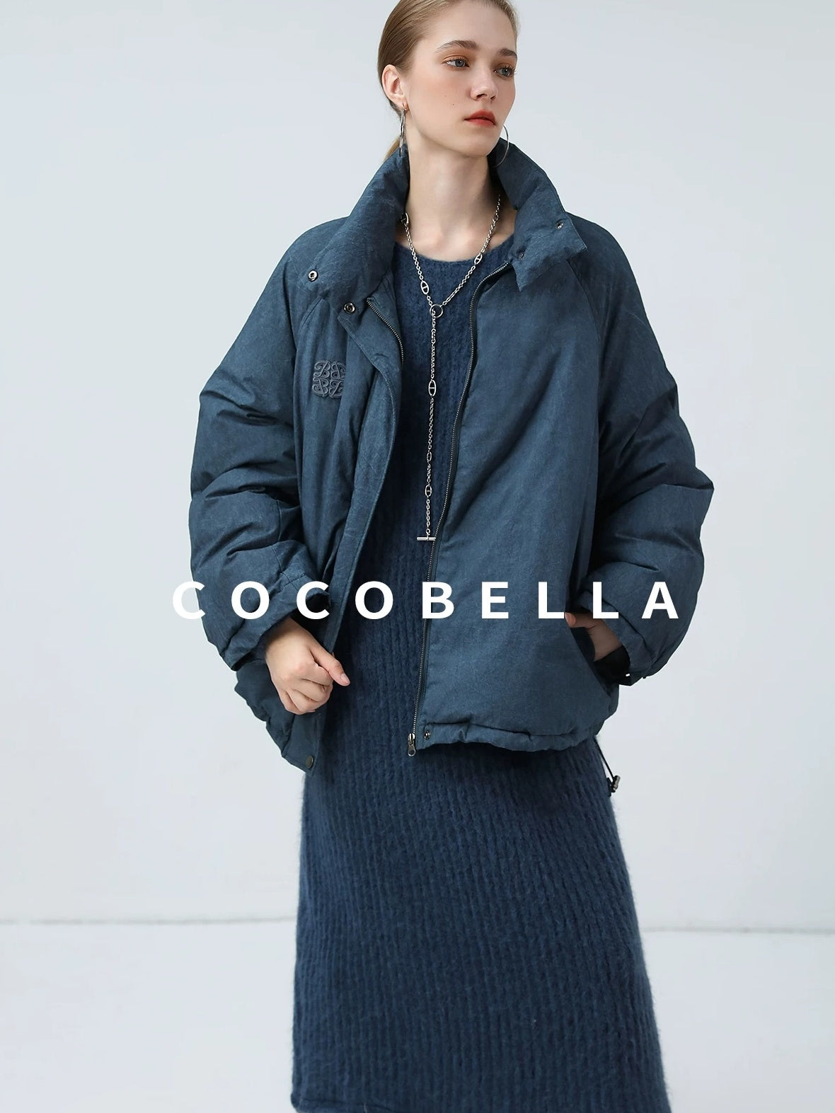 COCOBELLA 90% White Duck Down Straight Fit Vintage Blue Urban Short Down Jackets