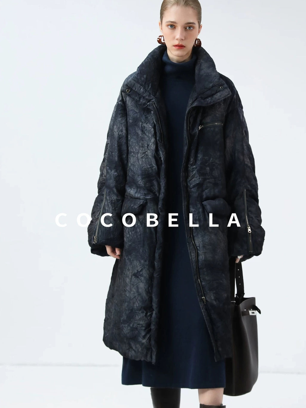 COCOBELLA 90% White Duck Down Straight Long Pleated Ink Blue Women City Down Jackets