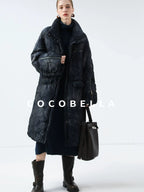 COCOBELLA 90% White Duck Down Straight Long Pleated Ink Blue Women City Down Jackets