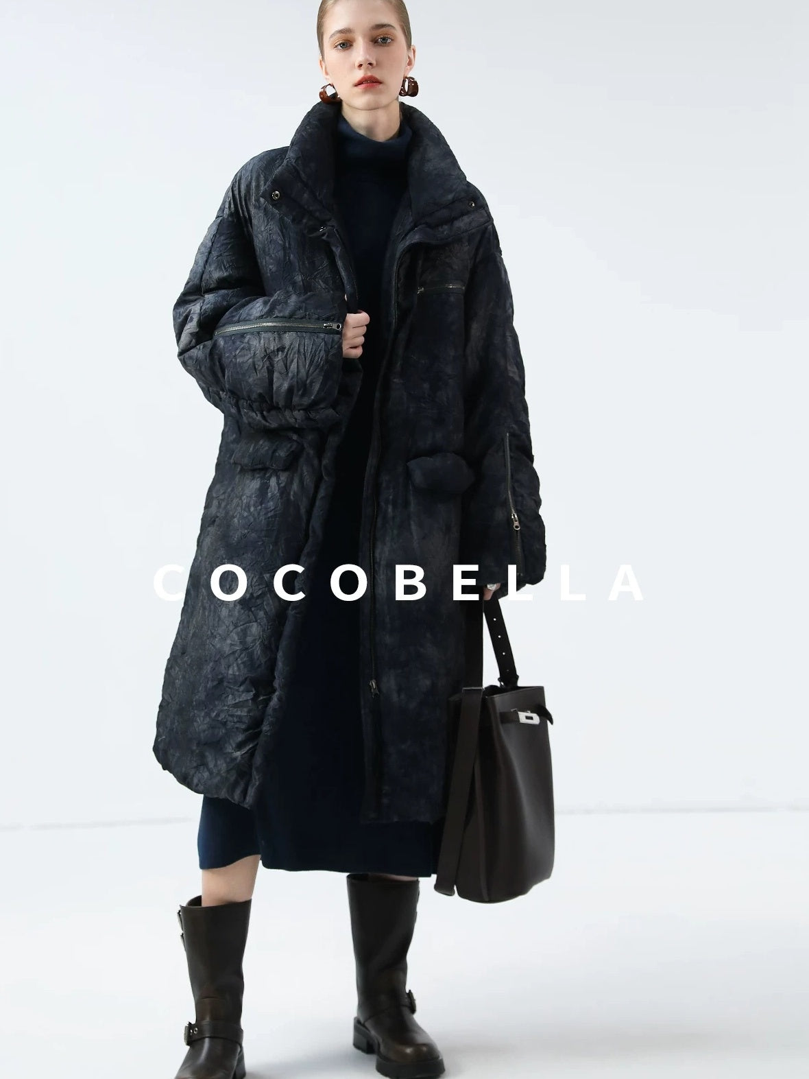 COCOBELLA 90% White Duck Down Straight Long Pleated Ink Blue Women City Down Jackets