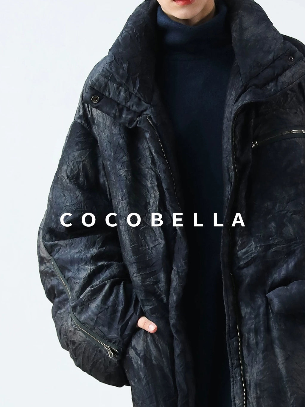 COCOBELLA 90% White Duck Down Straight Long Pleated Ink Blue Women City Down Jackets